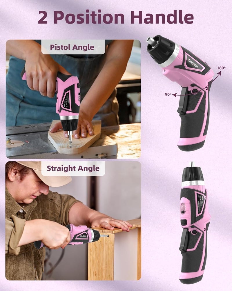 DuroFort Cordless Electric Screwdriver Set, 8V 10Nm Rechargeable Power Electric Drill, Battery Screw Gun with Driver Bit, 320RPM/10+1 Torque, 2 Position Handle, Flexible Shaft LED Light (Pink, 39Pcs) - Image 4